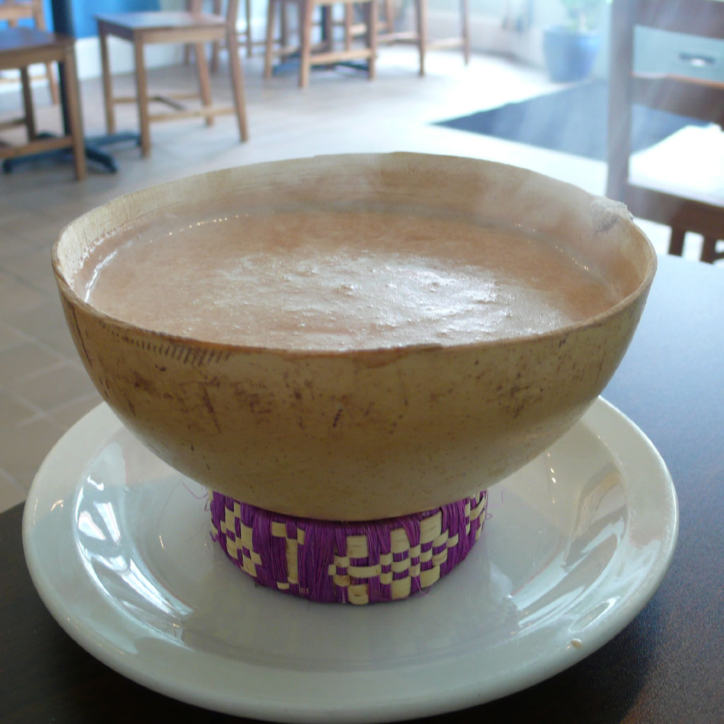 A bowl of champurrado, Mexican thick hot chocolate