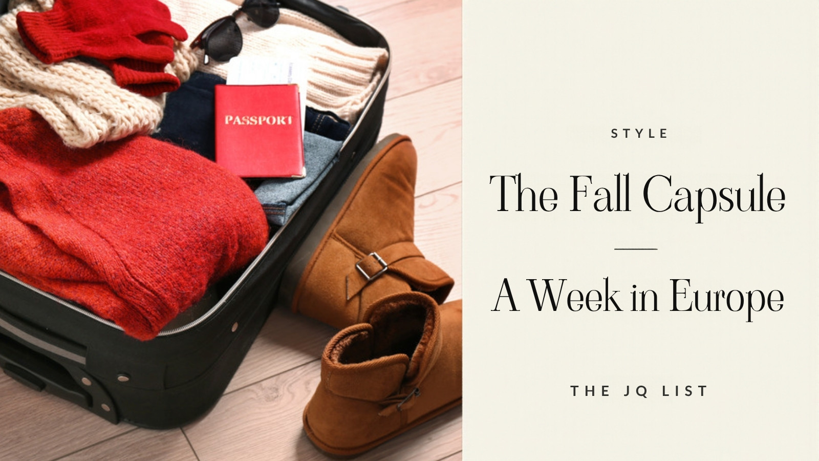 Suitcase packed with sweaters and boots for autumn travel